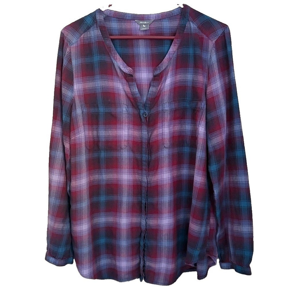 Eddie Bauer Womens Plaid Button Up LS Top Sz L Pockets Gorpcore Granola Outdoor